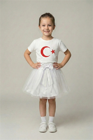 Kız Çocuk Beyaz Kısa Kol Ay Yıldız Tişört Beyaz Tütü Etek Takım 23 Nisan Gösteri Kıyafeti
