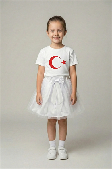 Kız Çocuk Beyaz Kısa Kol Ay Yıldız Tişört Beyaz Tütü Etek Takım 23 Nisan Gösteri Kıyafeti