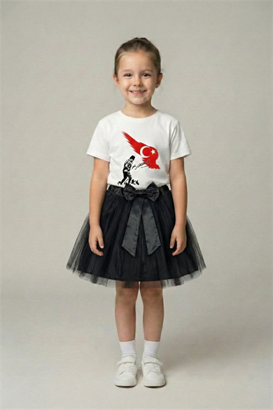 Kız Çocuk Beyaz Kısa Kol Kocatepe Tişört Siyah Tütü Etek Takım 23 Nisan Gösteri Kıyafeti