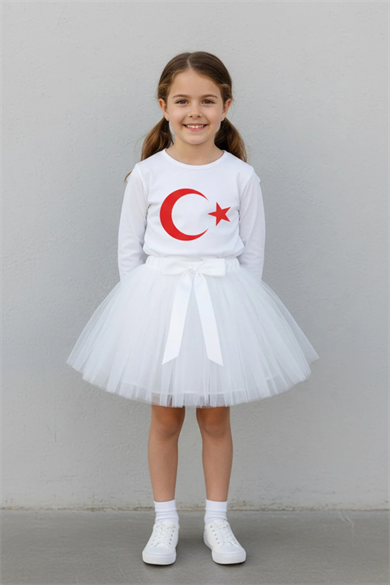 Kız Çocuk Beyaz Uzun Kol Ay Yıldız Baskılı Tişört Tütü Etek Takımı 23 Nisan 29 Ekim Gösteri Kıyafeti