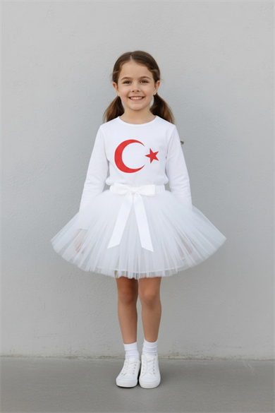 Kız Çocuk Beyaz Uzun Kol Ay Yıldız Baskılı Tişört Tütü Etek Takımı 23 Nisan 29 Ekim Gösteri Kıyafeti