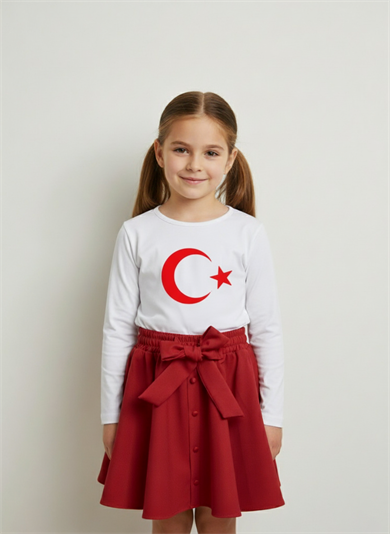 Kız Çocuk Beyaz Uzun Kol Ay Yıldız Tişört Kırmızı Boncuklu Etek 29 Ekim 23 Nisan Gösteri Kıyafeti