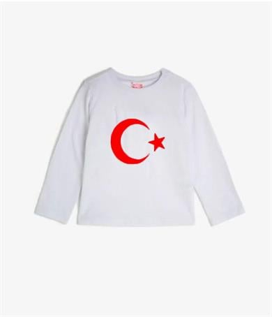 Kız Çocuk Beyaz Uzun Kol Ay Yıldız Tişört Kırmızı Boncuklu Etek 29 Ekim 23 Nisan Gösteri Kıyafeti