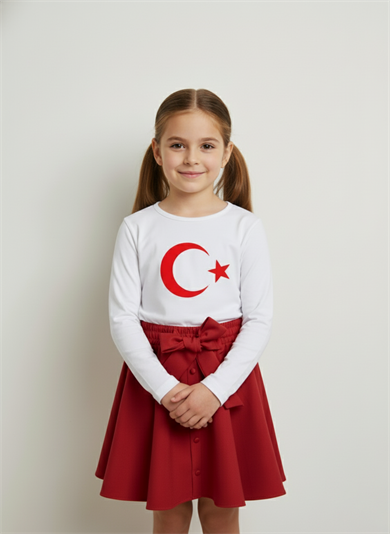 Kız Çocuk Beyaz Uzun Kol Ay Yıldız Tişört Kırmızı Boncuklu Etek 29 Ekim 23 Nisan Gösteri Kıyafeti