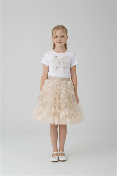 Kız Çocuk Ekru Tüllü Yaprak Detaylı Etek ve Fiyonklu Tişört Takım 23 Nisan Gösteri Kıyafeti