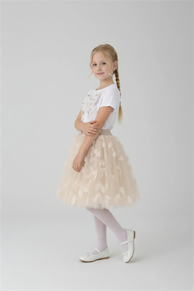Kız Çocuk Ekru Tüllü Yaprak Detaylı Etek ve Fiyonklu Tişört Takım 23 Nisan Gösteri Kıyafeti