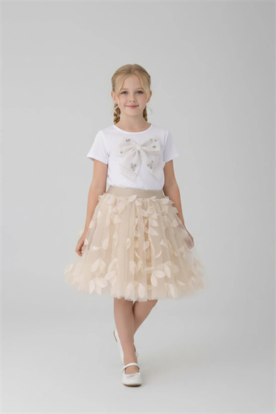 Kız Çocuk Ekru Tüllü Yaprak Detaylı Etek ve Fiyonklu Tişört Takım 23 Nisan Gösteri Kıyafeti