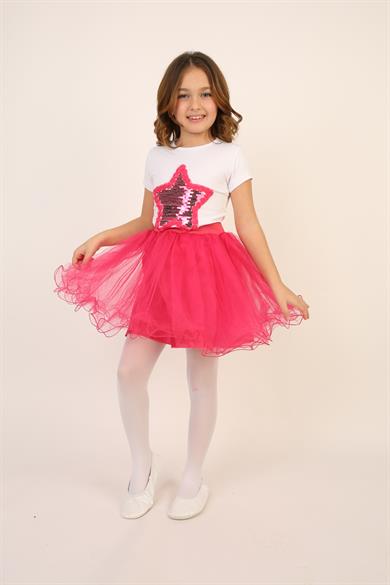 Kız Çocuk Fuşya Pullu Yıldız Tişört Fuşya Tütü Etek Takım 23 Nisan 29 Ekim Gösteri Kıyafeti