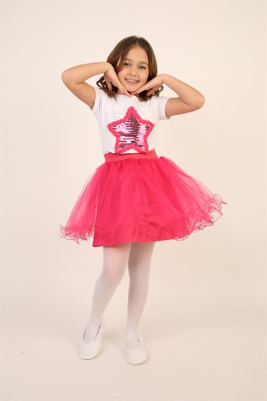 Kız Çocuk Fuşya Pullu Yıldız Tişört Fuşya Tütü Etek Takım 23 Nisan 29 Ekim Gösteri Kıyafeti