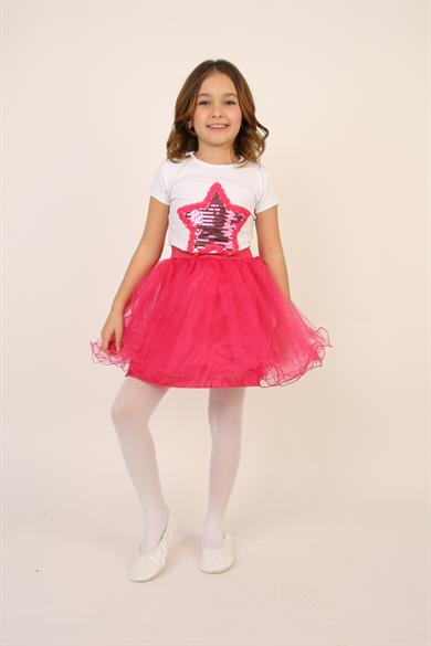 Kız Çocuk Fuşya Pullu Yıldız Tişört Fuşya Tütü Etek Takım 23 Nisan 29 Ekim Gösteri Kıyafeti