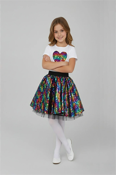 Kız Çocuk Gökkuşağı Pullu Kalp Desenli Tütülü Etek ve Tişört Takım 23 Nisan Gösteri Kıyafeti