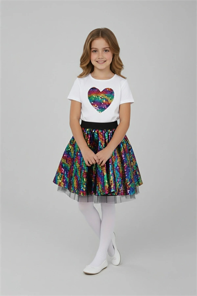 Kız Çocuk Gökkuşağı Pullu Kalp Desenli Tütülü Etek ve Tişört Takım 23 Nisan Gösteri Kıyafeti