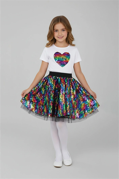 Kız Çocuk Gökkuşağı Pullu Kalp Desenli Tütülü Etek ve Tişört Takım 23 Nisan Gösteri Kıyafeti