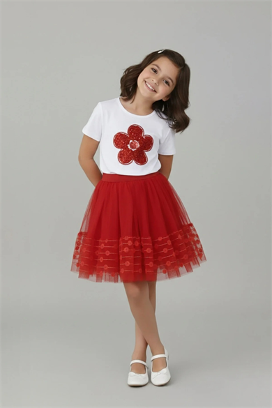 Kız Çocuk Kırmızı Çiçek Nakışlı Tişört ve Etek Ucu Desenli Takım 23 Nisan 29 Ekim Gösteri Kıyafeti