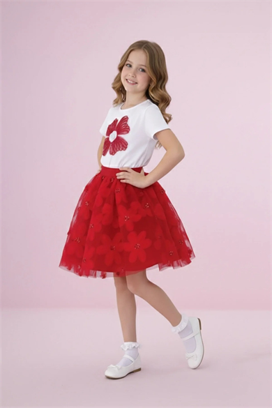 Kız Çocuk Kırmızı Çiçekli Tüllü Etek ve Nakışlı Tişört Takımı 23 Nisan 29 Ekim Gösteri Takımı
