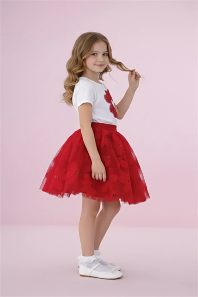 Kız Çocuk Kırmızı Çiçekli Tüllü Etek ve Nakışlı Tişört Takımı 23 Nisan 29 Ekim Gösteri Takımı