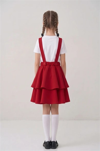 Kız Çocuk Kırmızı Fiyonk Detaylı Askılı Çift Katlı Salopet 23 Nisan 29 Ekim Gösteri Kıyafeti