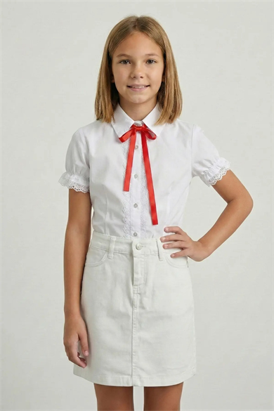 Kız Çocuk Kırmızı Fiyonklu Beyaz Dantelli Gömlek Beyaz Keten Etek 23 Nisan Gösteri Kıyafeti