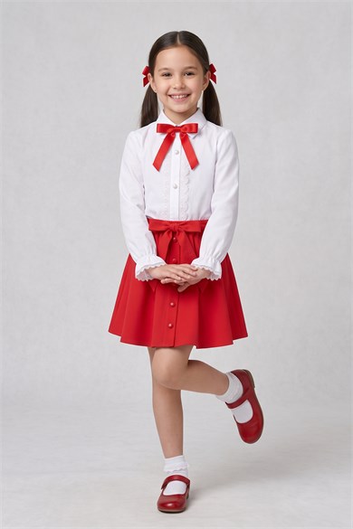 Kız Çocuk Kırmızı Fiyonklu Dantelli Beyaz Uzun Kol Gömlek Kırmızı Fiyonklu Boncuklu Etek 23 Nisan 29 Ekim Gösteri Kıyafeti