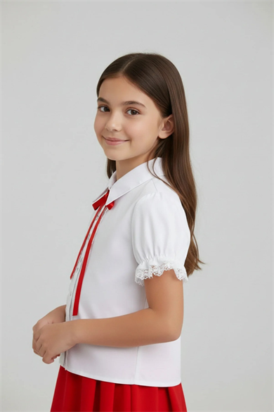 Kız Çocuk Kırmızı Fiyonklu Dantelli Beyaz Gömlek 23 Nisan 29 Ekim Gösteri Kıyafeti