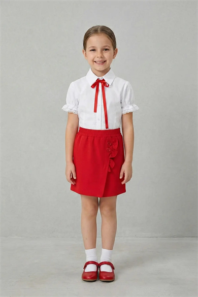 Kız Çocuk Kırmızı Fiyonklu Dantelli Gömlek Düğme Detaylı Kırmızı Şort Etek 23 Nisan Gösteri
