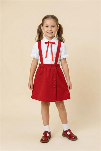 Kız Çocuk Kırmızı Fiyonklu Dantelli Gömlek Kırmızı Salopet Takım 23 Nisan Gösteri Kıyafeti