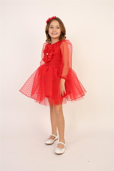 Kız Çocuk Kırmızı Göğsünde Çiçek Detaylı Puantiyeli Tül Elbise 23 Nisan 29 Ekim Gösteri Kıyafeti