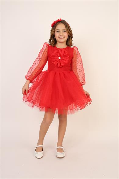 Kız Çocuk Kırmızı Göğsünde Çiçek Detaylı Puantiyeli Tül Elbise 23 Nisan 29 Ekim Gösteri Kıyafeti