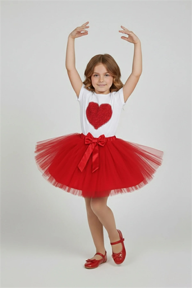 Kız Çocuk Kırmızı Kalpli Tişört Kırmızı Tütü Etek 23 Nisan 29 Ekim Gösteri Kıyafeti Takım