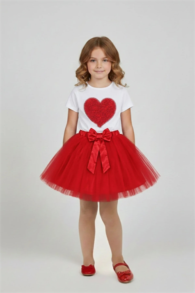 Kız Çocuk Kırmızı Kalpli Tişört Kırmızı Tütü Etek 23 Nisan 29 Ekim Gösteri Kıyafeti Takım