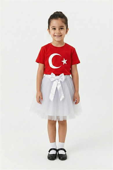 Kız Çocuk Kırmızı Kısa Kol Ay Yıldız Tişört Beyaz Tütü Etek Takım 23 Nisan Gösteri Kıyafeti