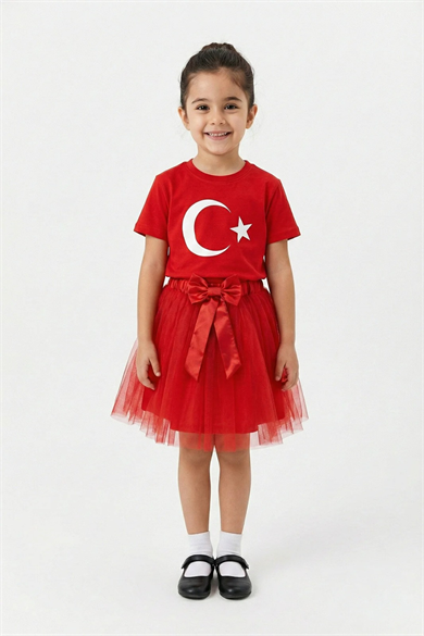 Kız Çocuk Kırmızı Kısa Kol Ay Yıldız Tişört Kırmızı Tütü Etek Takım 23 Nisan Gösteri Kıyafeti