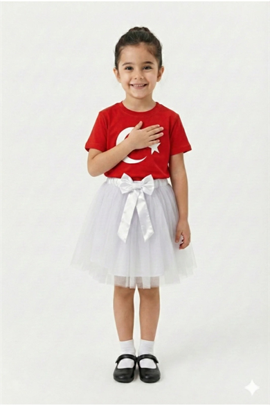 Kız Çocuk Kırmızı Kısa Kol Ay Yıldız Tişört Beyaz Tütü Etek Takım 23 Nisan Gösteri Kıyafeti