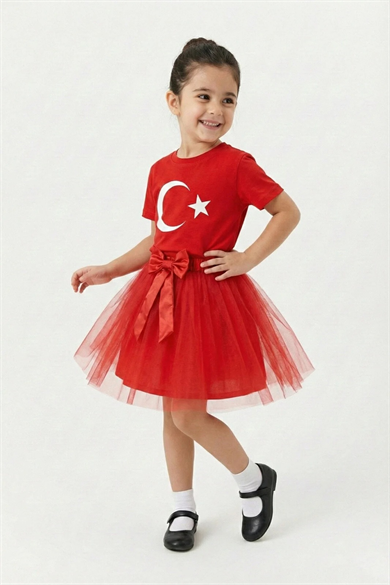 Kız Çocuk Kırmızı Kısa Kol Ay Yıldız Tişört Kırmızı Tütü Etek Takım 23 Nisan Gösteri Kıyafeti