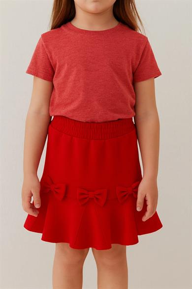 Kız Çocuk Kırmızı Kurdele Detaylı Etek Lastikli Bel Rahat Model 23 Nisan 29 Ekim Gösteri