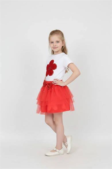Kız Çocuk Kırmızı Papatya Tişört Kırmızı Beli Boncuk Detaylı Etek Takım 23 Nisan Gösteri Kıyafeti