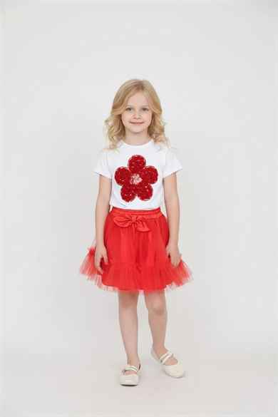 Kız Çocuk Kırmızı Papatya Tişört Kırmızı Beli Lastikli Fırfırlı Etek Takım 23 Nisan Gösteri Kıyafeti