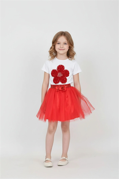 Kız Çocuk Kırmızı Papatya Tişört Kırmızı Beli Pullu Etek Takım 23 Nisan Gösteri Kıyafeti
