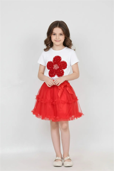 Kız Çocuk Kırmızı Papatya Tişört Kırmızı Beli Saten Fırfırlı Etek Takım 23 Nisan Gösteri Kıyafeti