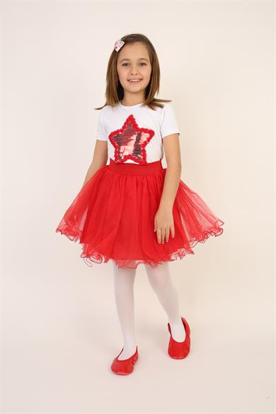 Kız Çocuk Kırmızı Pullu Yıldız Tişört Kırmızı Tütü Etek Takım 23 Nisan 29 Ekim Gösteri Kıyafeti