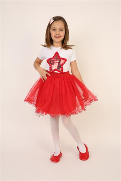 Kız Çocuk Kırmızı Pullu Yıldız Tişört Kırmızı Tütü Etek Takım 23 Nisan 29 Ekim Gösteri Kıyafeti
