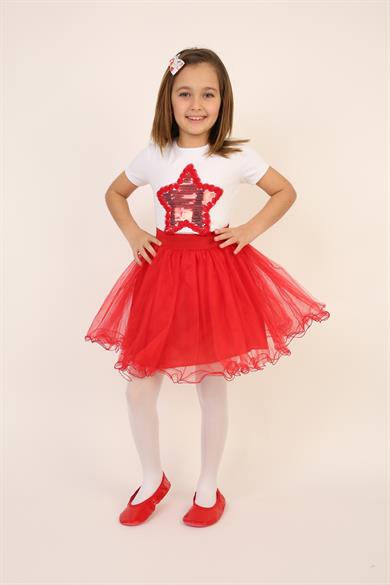 Kız Çocuk Kırmızı Pullu Yıldız Tişört Kırmızı Tütü Etek Takım 23 Nisan 29 Ekim Gösteri Kıyafeti