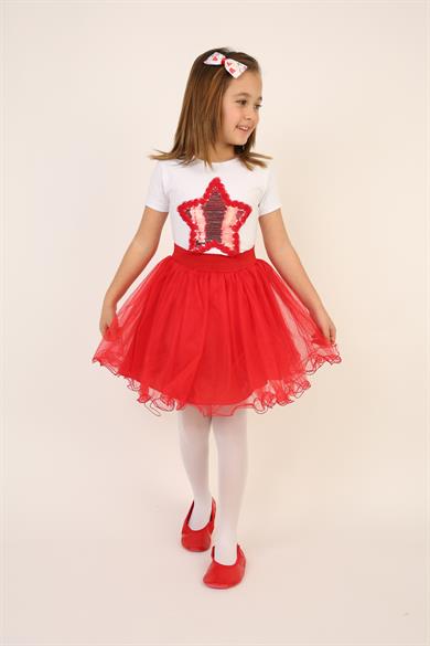 Kız Çocuk Kırmızı Pullu Yıldız Tişört Kırmızı Tütü Etek Takım 23 Nisan 29 Ekim Gösteri Kıyafeti