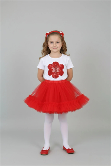 Kız Çocuk Kırmızı Tütü Etekli Kabartmalı Çiçekli Tişörtlü Takım 29 Ekim 23 Nisan Gösteri Kıyafeti