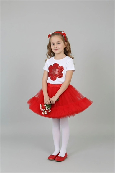 Kız Çocuk Kırmızı Tütü Etekli Kabartmalı Çiçekli Tişörtlü Takım 29 Ekim 23 Nisan Gösteri Kıyafeti