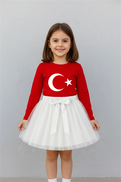 Kız Çocuk Kırmızı Uzun Kol Ay Yıldız Tişört Beyaz Tütü Etek Takımı 23 Nisan 29 Ekim Gösteri Kıyafeti
