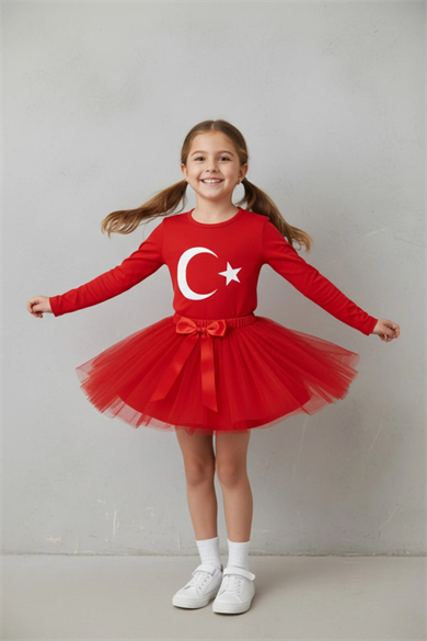 Kız Çocuk Kırmızı Uzun Kol Ay Yıldız Tişört Tütü Etek Takımı 23 Nisan 29 Ekim Gösteri Kıyafeti