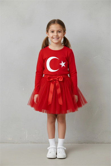 Kız Çocuk Kırmızı Uzun Kol Ay Yıldız Tişört Tütü Etek Takımı 23 Nisan 29 Ekim Gösteri Kıyafeti