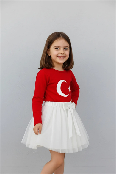 Kız Çocuk Kırmızı Uzun Kol Ay Yıldız Tişört Beyaz Tütü Etek Takımı 23 Nisan 29 Ekim Gösteri Kıyafeti