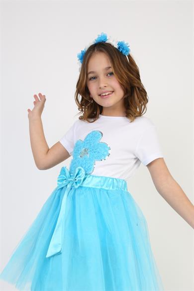 Kız Çocuk Kısa Kol Bisiklet Yaka Mavi Çiçek Desenli Baskılı T-shirt 23 Nisan 29 Ekim 19 Mayıs Gösteri